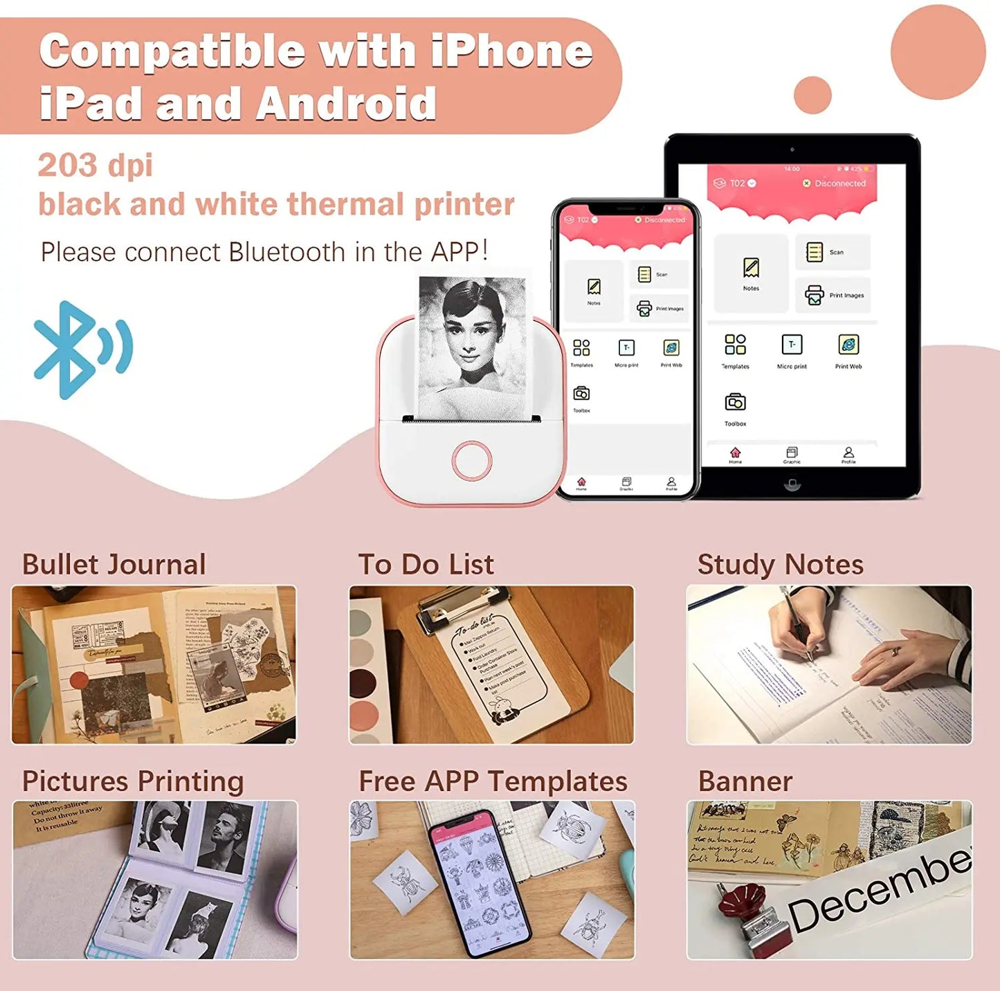 طابعة حرارية محمولة Phomemo T02 Mini – طباعة بدون حبر مع أوراق لاصقة